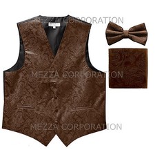 New Vesuvio Napoli Men's paisley Tuxedo Vest Waistcoat Bowtie Hankie Brown