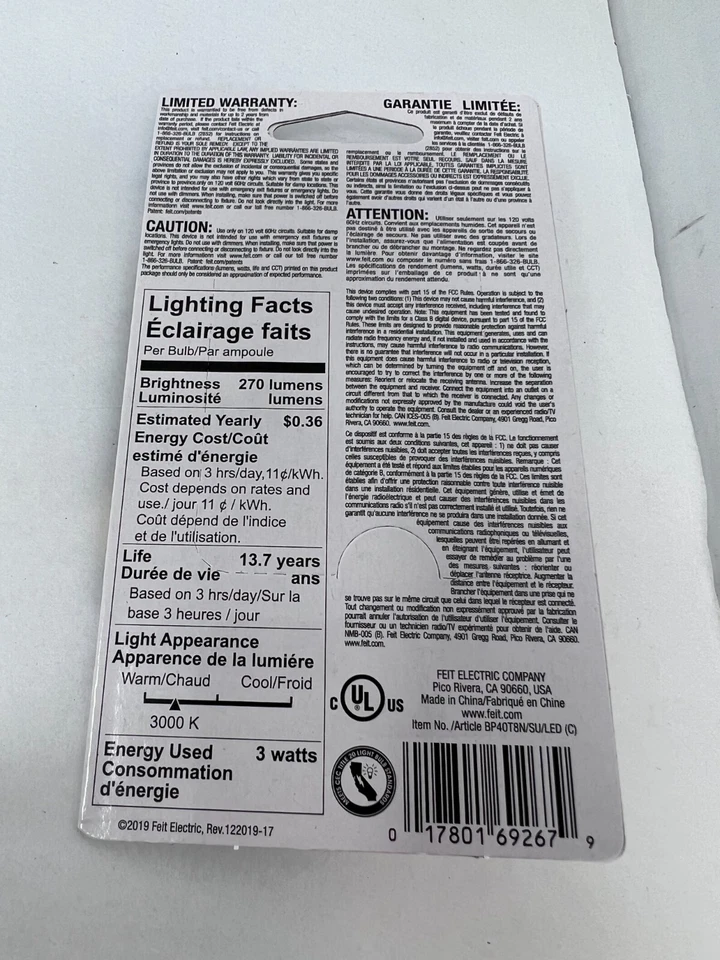 FEIT Electric 3 watts T8 LED Bulb 270 lumens Warm White Appliance Bulb Microwave - Image 3 of 3