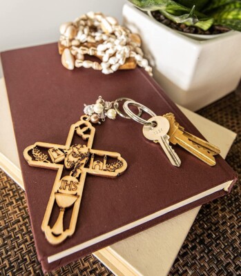 US 12pcs Cross Baptism Wood Keychain Láser Cutout Favor Recuerdo De Bautizo