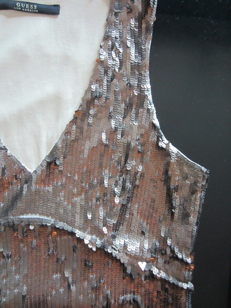 WOMENS GUESS TAUPE GOLD SLEEVELESS SPARKLE DRESS V NECK SEQUIN SMALL S NEW  SEXY | eBay