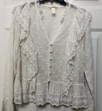 H&M WOMENS BLOUSE TOP LONG SLEEVES SIZE 10 V-NECK RUFFLE WHITE $