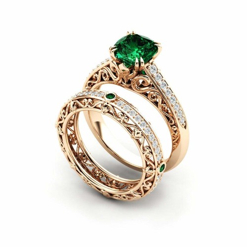 Anello di fidanzamento smeraldo verde, anello set matrimonio smeraldo, finitura oro 14k, set anelli - Foto 23 di 26