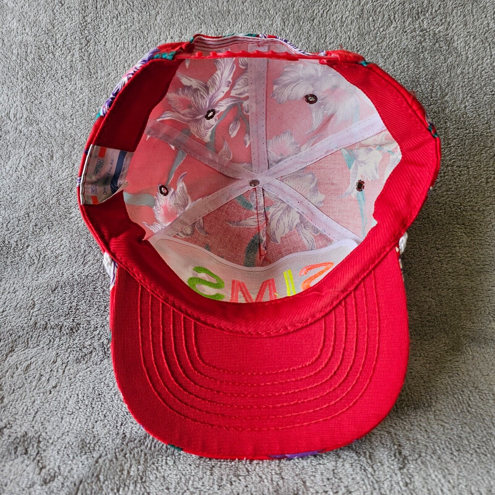 Vintage SIMS snap back rope trucker hat ball cap Hawaiian red floral OS San  Sun