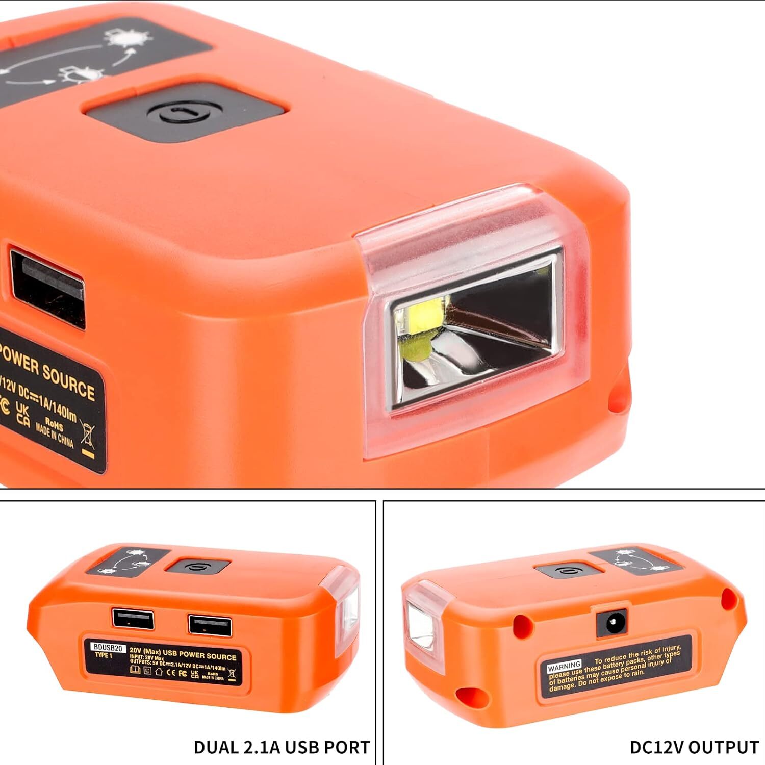 Battery Adapter for Black & Decker 20V Li-ion Battery 2-USB with 140LM LED Light