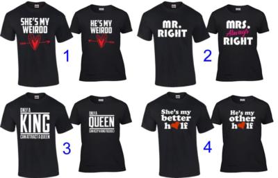 Couple Matching T-Shirts He's She's My Weirdo Mr Mrs Right King Queen Shirts
