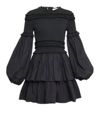 Ulla Johnson Nadia Mini Dress SZ6 (s-m)Embroidered Lantern Sleeve Smocked Black