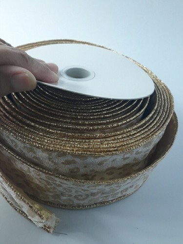 Metallic Ribbon Leopard Print Gold Toned Wired Spool Christmas Wide Vtg Taiwan - Picture 3 of 10