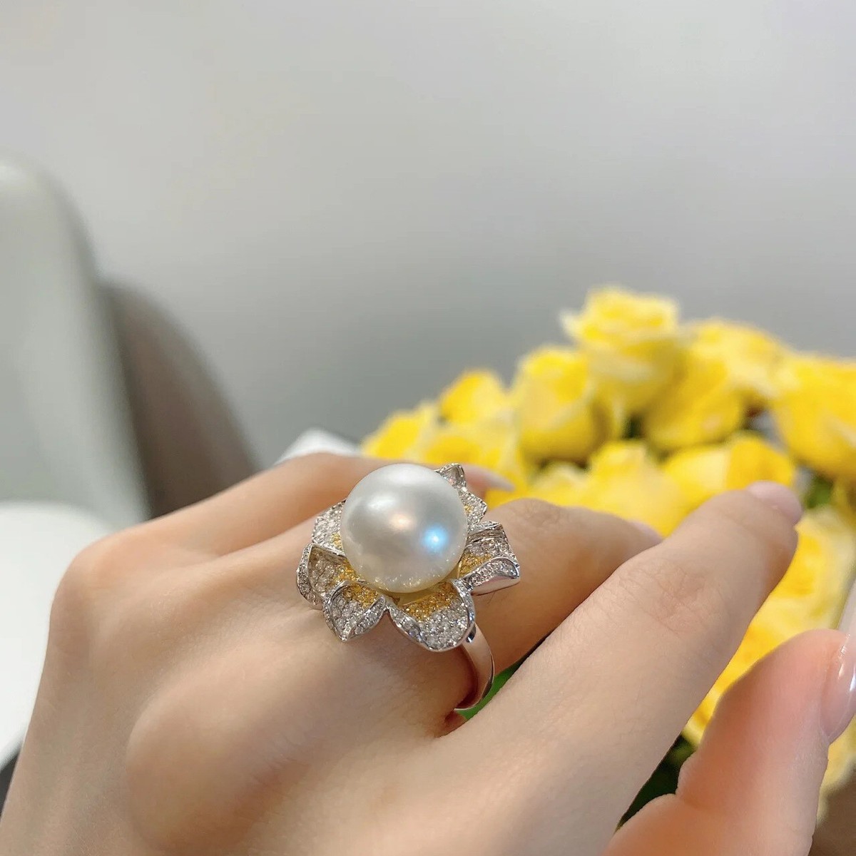 アクセサリー PEARL RING New Pearl AAAA 11-12mm Round Natural South Sea White Pearl