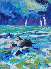 Seascape painting Original art Impressionism Oil on panel by S. Chernyakovsky