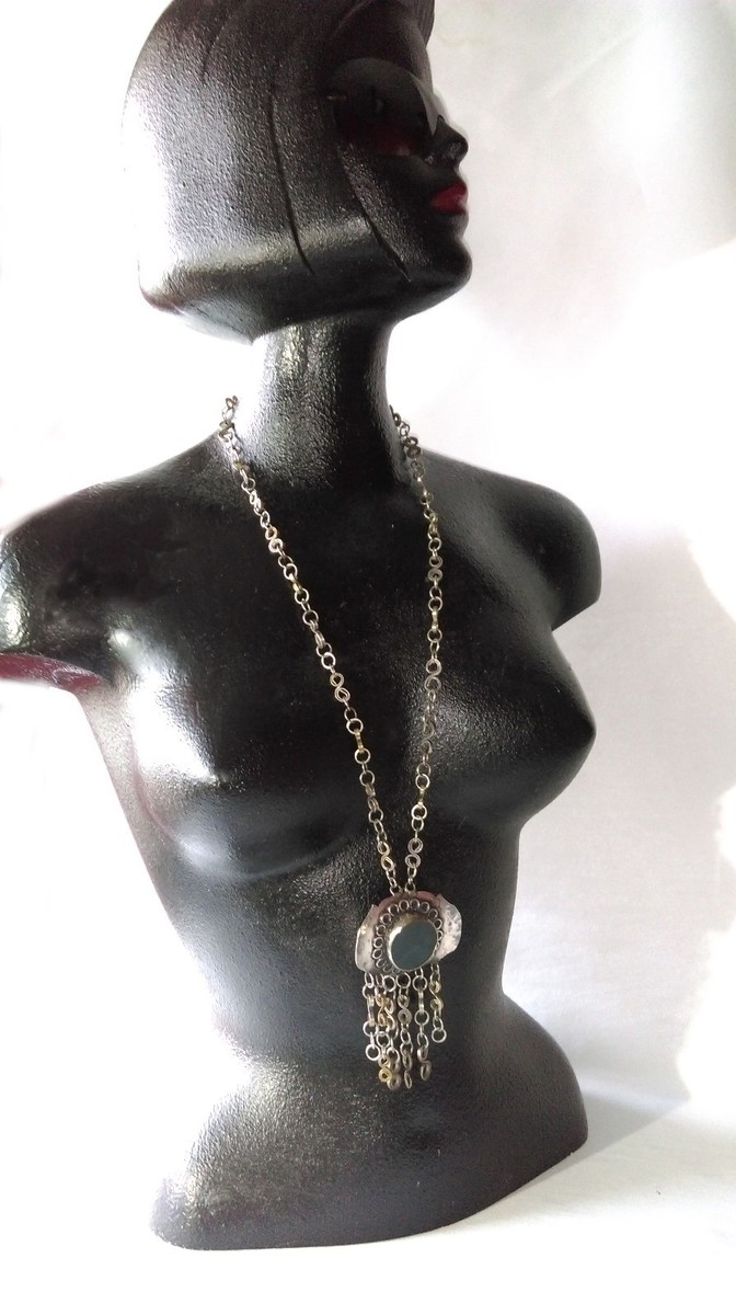 Collier Sautoir Vintage Scandinave Avec Pendentif - Style Bohème En Métal Argenté Et Pierre Naturelle