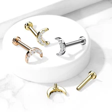 CZ Paved Crescent Moon Internal Threaded Flat Back Lip Tragus Cartilage Piercing