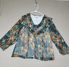 CJ BANKS ~ Woman's 2X Long Sleeve Sheer Green Floral Overlay Ivory Lining Button