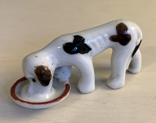 Vintage (H. Kato?) Dog Drinking Water From Bowl Ceramic Porcelain Figurine JAPAN