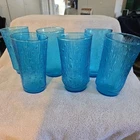 Vtg Anchor Hocking Pagoda Tumbler Glasses Aqua Blue Glass Bamboo Set of 6 5”