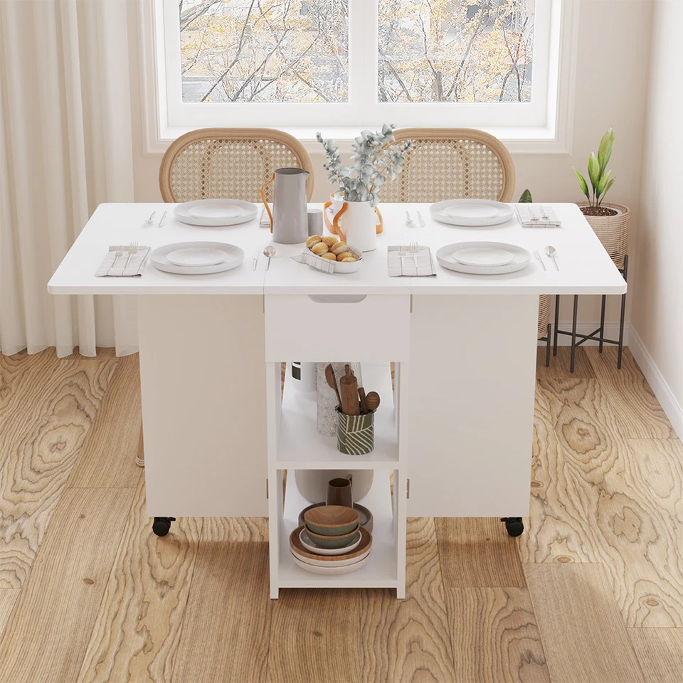 Tavolo da Pranzo Pieghevole Salvaspazio Bianco 2 Ruote Casa Ufficio 120x77x75cm - Immagine 2 di 4