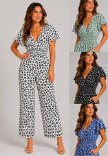 Ladies Womens Jumpsuit Playsuit Dungarees Boho V-Neck Wide Leg Summer NEW