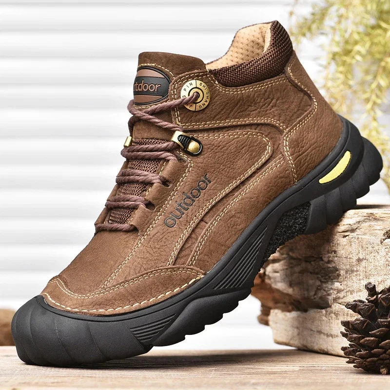 Men's Genuine Leather Boots Casual Outdoor Shoes Warm Winter Snow Light Hiking