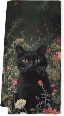 Black Cat Gifts Kitchen Towels, Floral Decorative Hand Towels for Bathroom, Cat