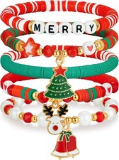 5 Pack Christmas Bracelets Women Clay Bead Bracelet Xmas - A
