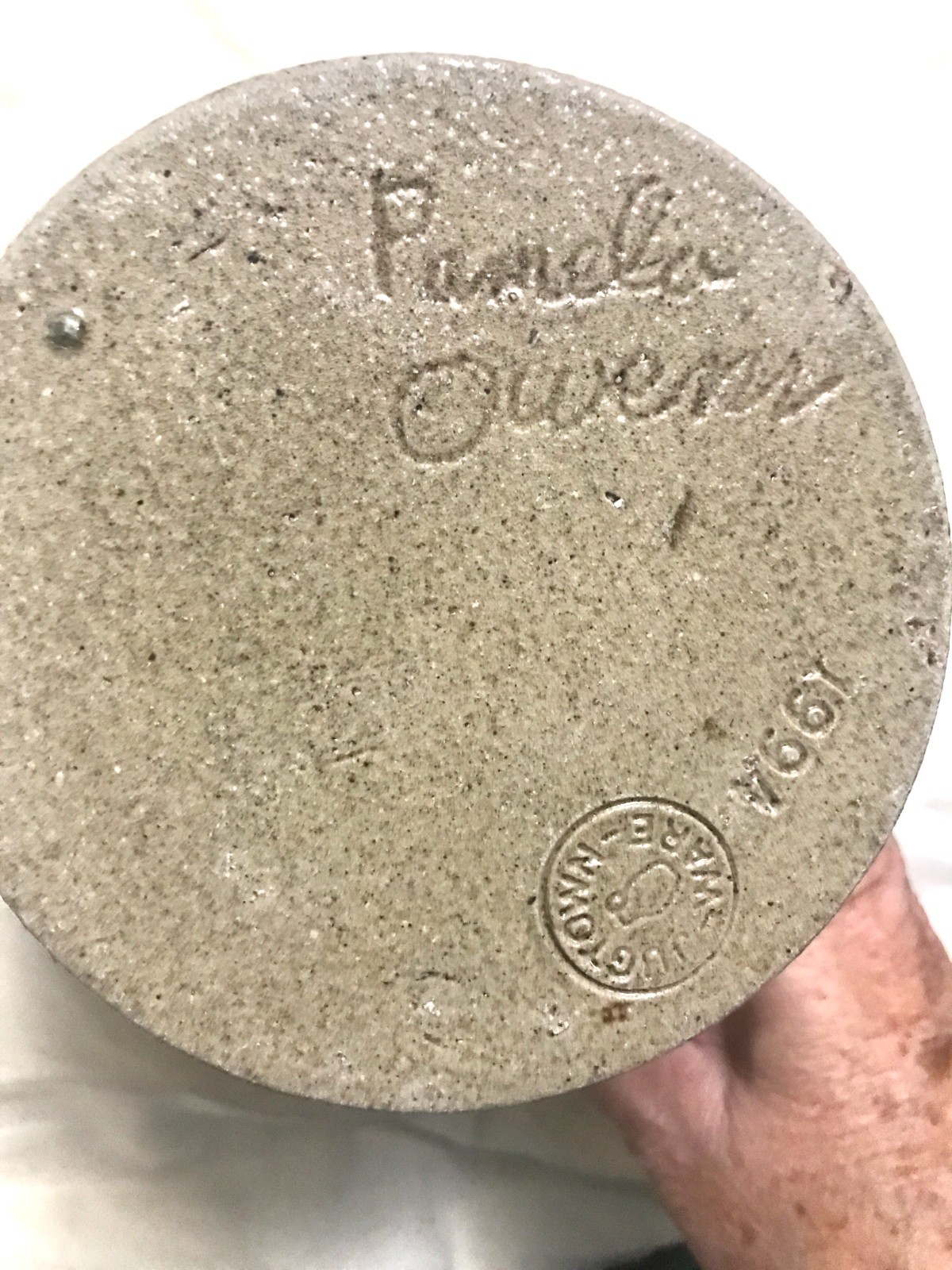 1994 Pamela Owens Jugtown Ware Pottery Salt Glaze Pitcher, Engraved