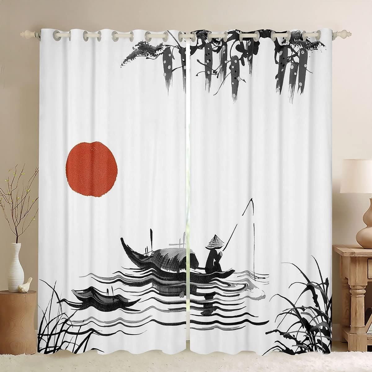 Japanische Fenstervorhänge Ukiyoe Hokusai Fischer Sonne 2er Set Ösen 132x228 cm