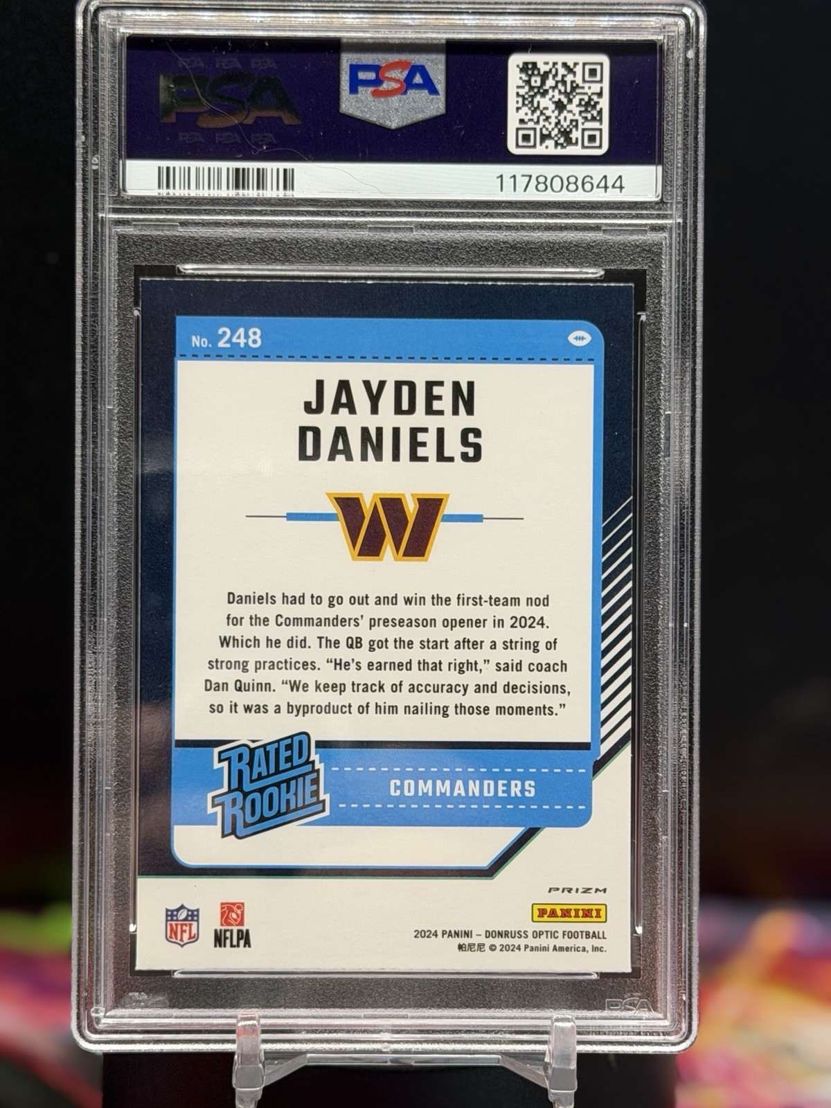 Donruss Optic 2024 Jayden Daniels Rated Rookie Blue Hyper #248 Commanders PSA 9 view 2