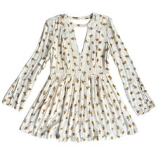 Free People Tegan Mini Dress Long-Sleeve Floral Pleated Keyhole Ivory Neck Sz S