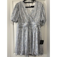 Lulu's Blue Floral Mini Dress XL NWT Puff Sleeve Wrap Skater Cottagecore