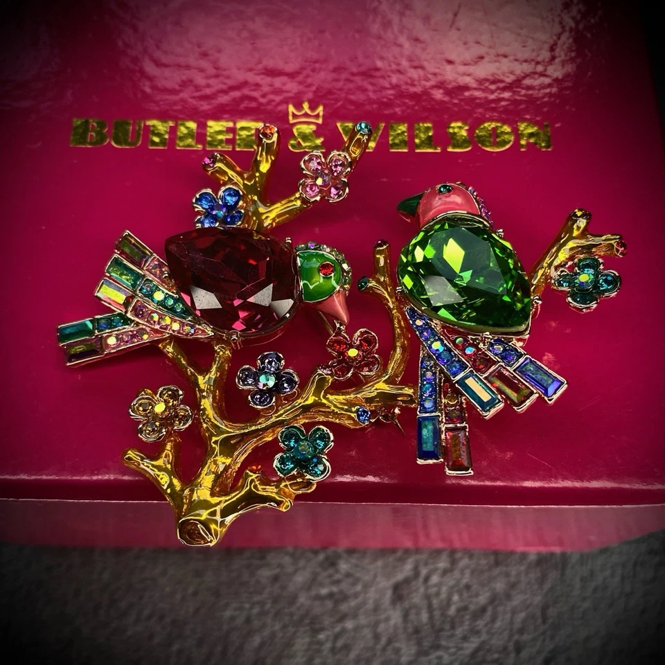 Butler & Wilson - Brooch - Crystal Birds on Branch - Gold Pink Green Tone - 3” - Image 3 of 4