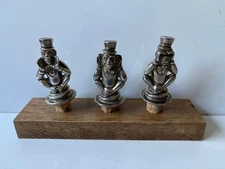 Neiman Marcus 3 Silverplated Monkey Wine Stoppers on Wood Base for Display