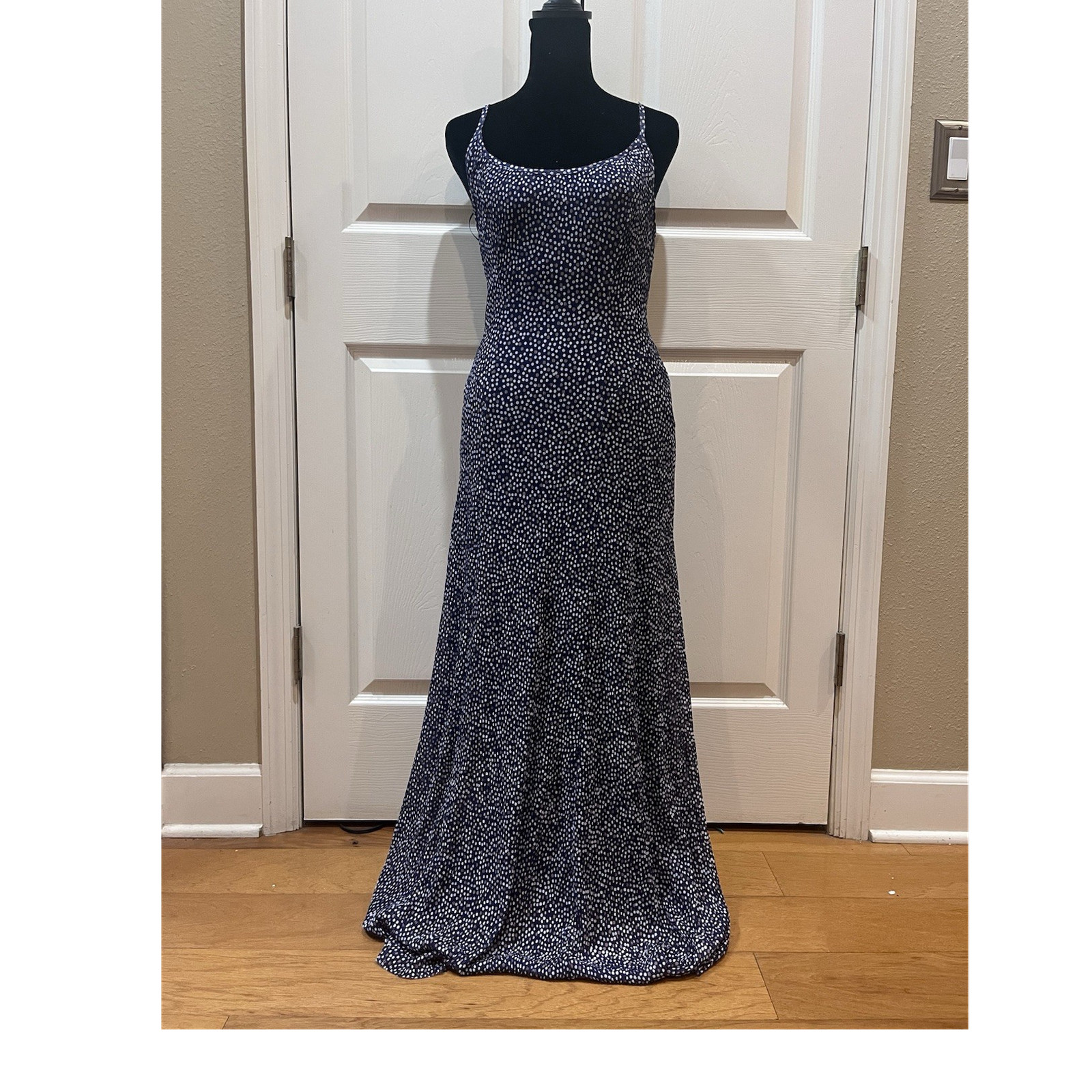 Free People Navy Polka Dot Mesh Maxi Dress S Scoop Neck Spaghetti Strap Lined