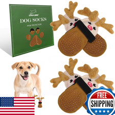 EXPAWLORER Anti-Slip Dog Socks Gripper Booties for Hardwood Floors Reindeer S M