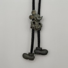 Vintage Disney Mickey Mouse Bolo Tie Necklace Pewter Braided Cord Made in USA