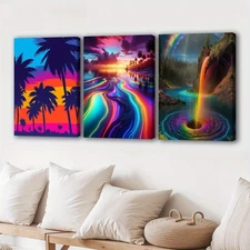 3pcs Wooden Framed Canvas, Landscape themed rainbow poster, Fantasy Decorations,