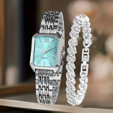 2PCS Reloj de cuarzo mujer pulsera diamantes conjunto esfera romana regalo