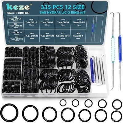 KEZE 335 Pcs Hydraulic O-Ring SAE 900 Series 12 Size Buna-N 70A Inch O Black 
