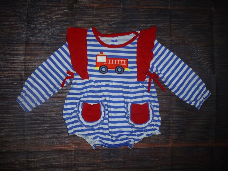 NEW Boutique Baby Girls Fire Truck Long Sleeve Bubble Romper Bodysuit Size 3T