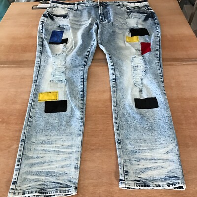 Frost Originals Patchwork Jeans Men 46x33 Blue Mid Rise Distressed Grunge Skater