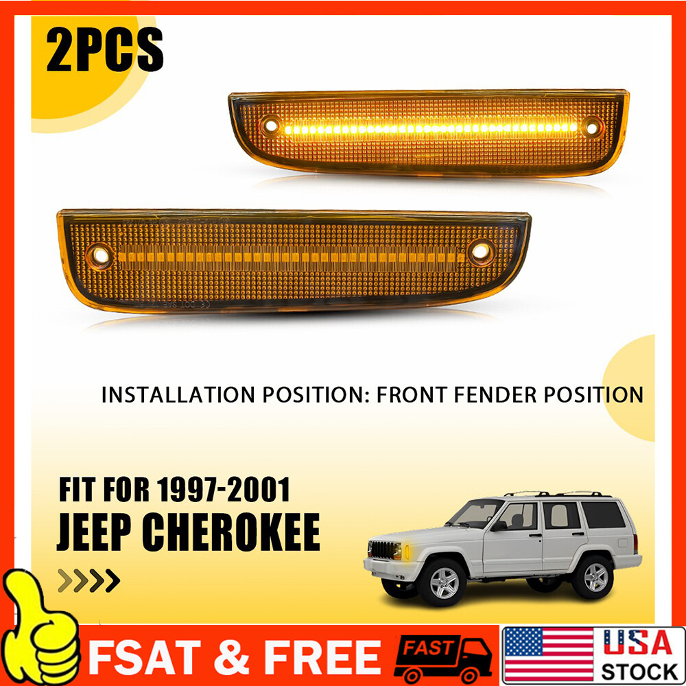 Pair Amber LED Front Side Corner Parking Marker Lights For 97-01 Jeep Cherokee