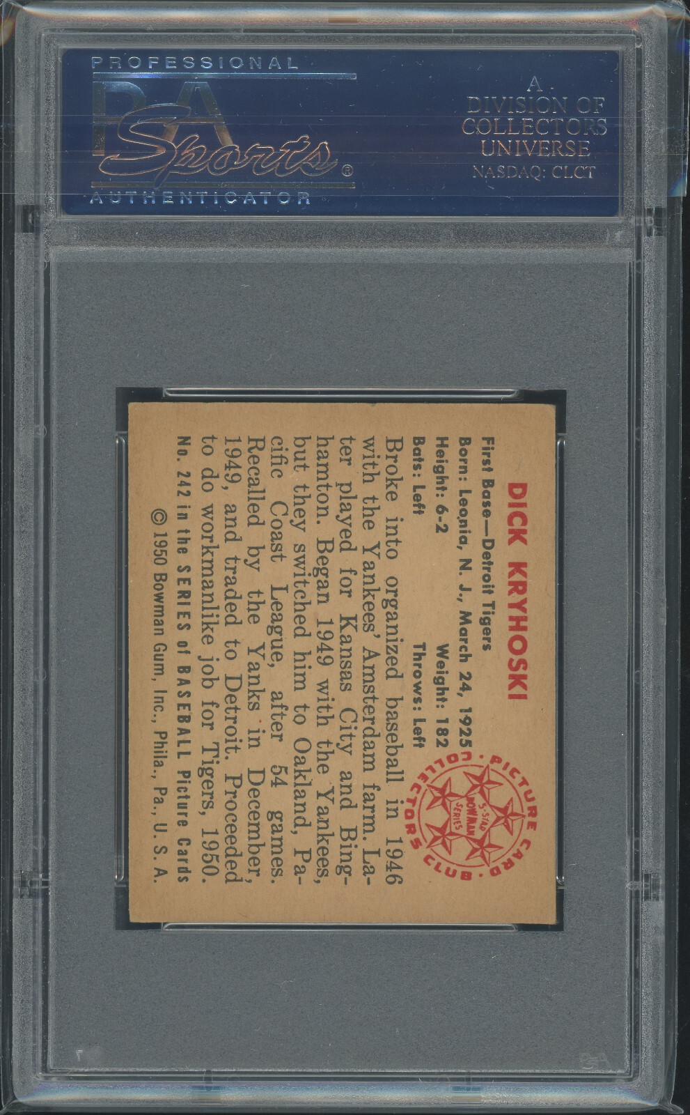 1950 Bowman #242 Dick Kryhoski Detroit Tigers PSA 6 Vintage Baseball Card view 4
