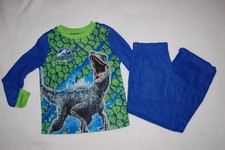 Boys Flannel L/S Pajamas Set JURASSIC WORLD T-REX DINOSAUR Blue Green XS 4-5