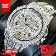 MISSFOX Men's Fully Ice Watch Quartz Waterproof Stainless Steel Diamond Gift NEW