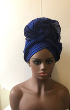Aso-Oke African Headtie Auto Gele, Blue Enitan headwear
