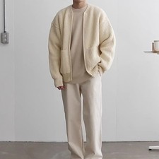 Men Zipper Pocket Cardigan Coat Sweater Cardigan Men's Collarless Knitted