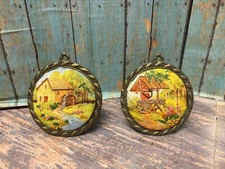 2 Framed Vintage CrossStitch Creative Circle Wishing Well/Mill Embroidery