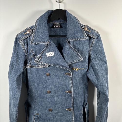 Vtg Fubu Women’s Double Breasted Trench Coat Denim Size Small Button Logo Belt - Picture 13 of 21