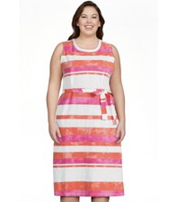 Time And Tru Womens White Orange Mango Stripe Belted Midi Dress Size X-Large