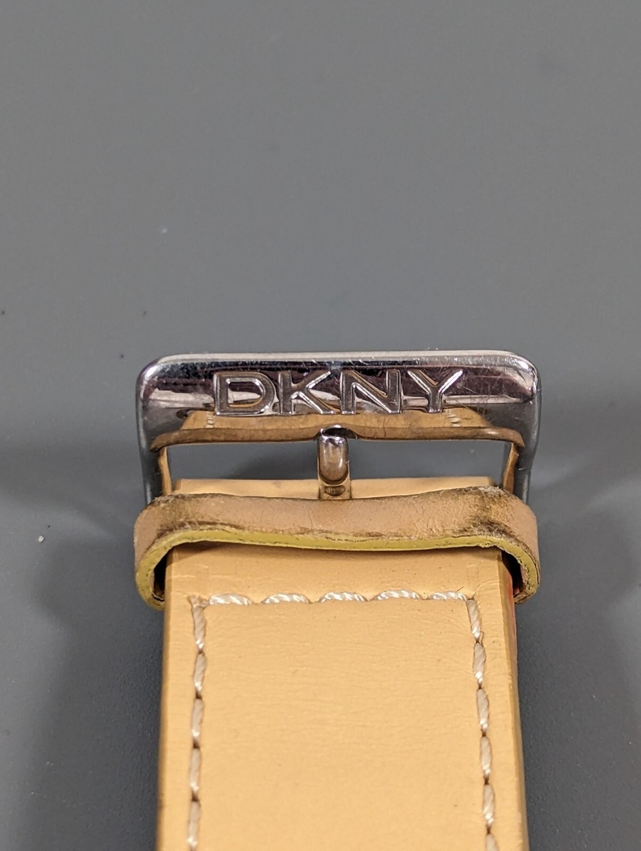 DKNY Silver Tone Dial Rectangle Case Brown Leather Band Watch 7