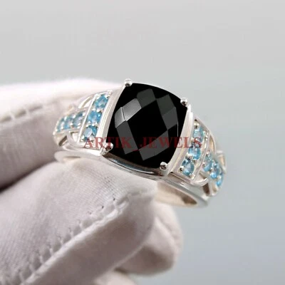Natural Black Onyx & Blue Topaz Gemstone 925 Sterling Silver Men's Ring #5187 - Image 1 of 4
