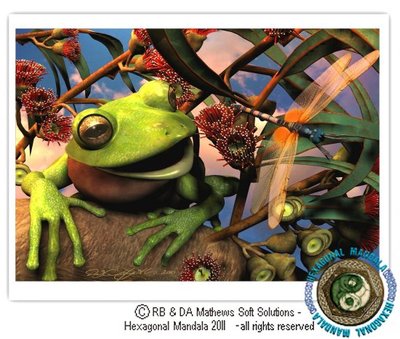   ART green tree FROG gum tree blossom dragonflly - Original Artist Print by Di